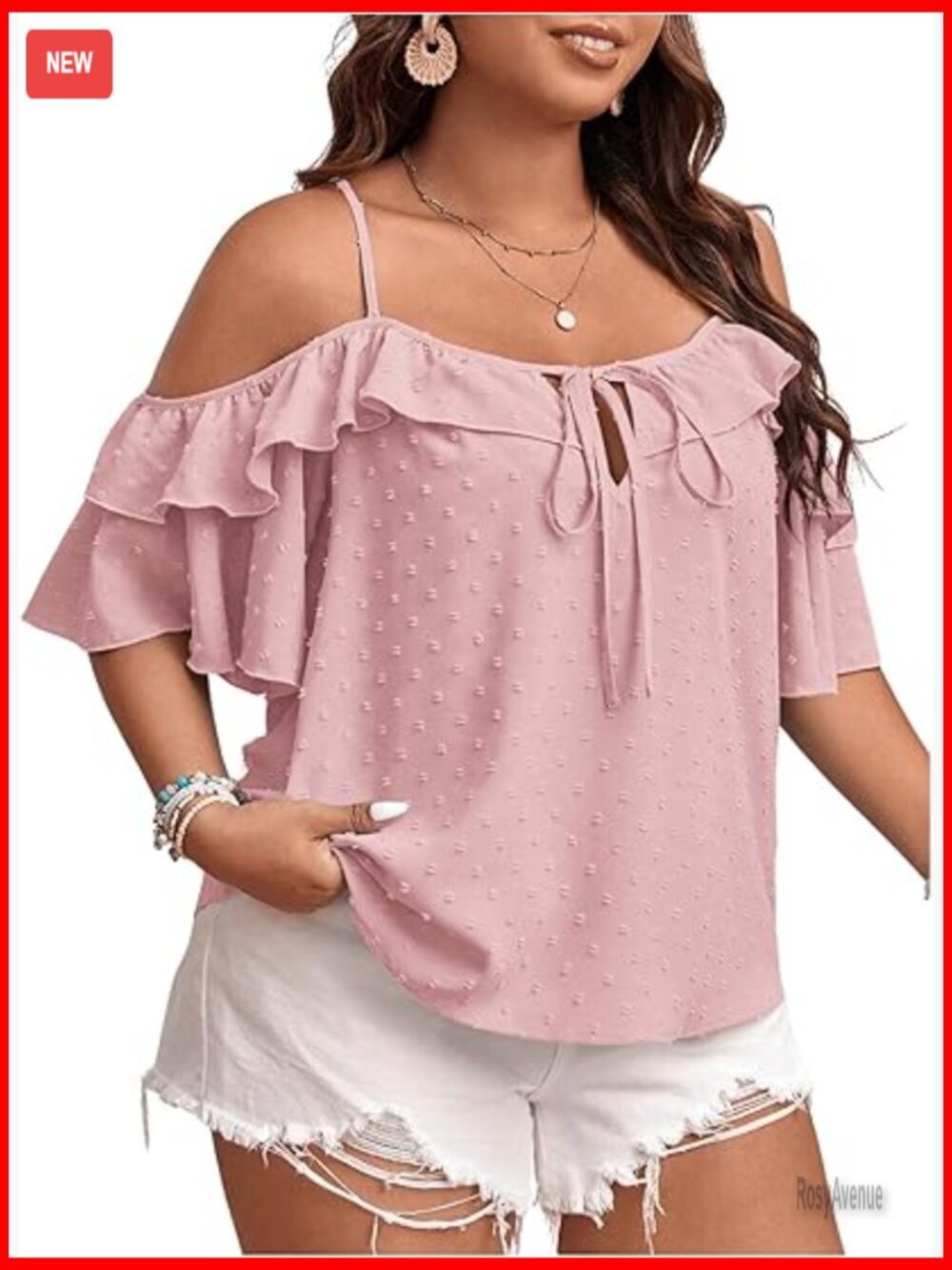 Women's Plus Size Cold Shoulder Blouse Ruffle Tie Front Swiss Dot Top